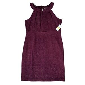 SLNY Dress Maroon Glittery Halter Neck Keyhole Midi Sheath‎ Women's Size 14 NWT